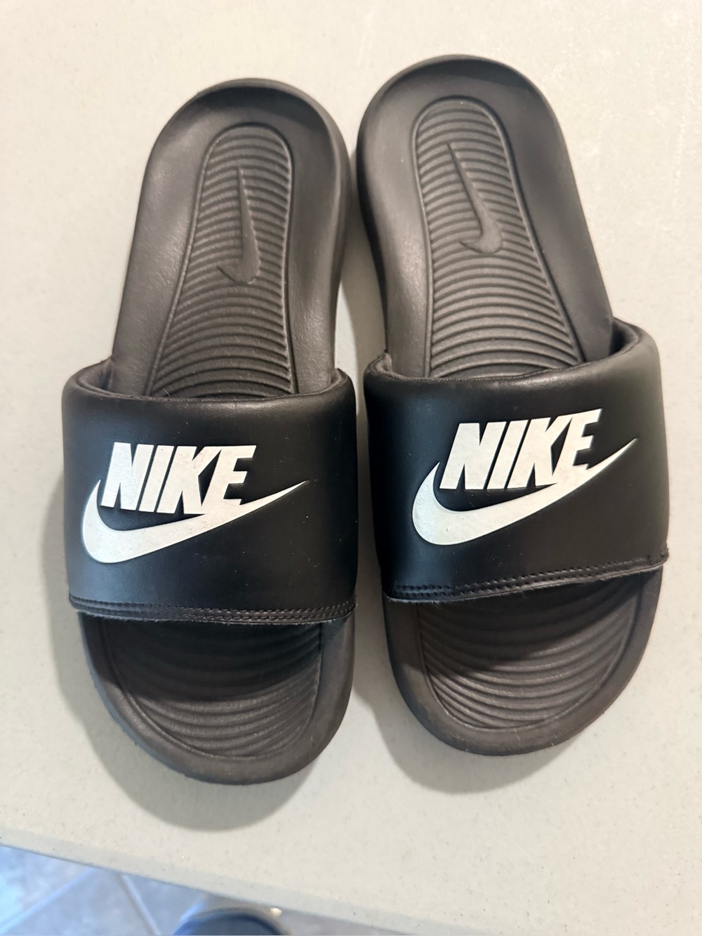 Nike Black Slides with White Logo size 8